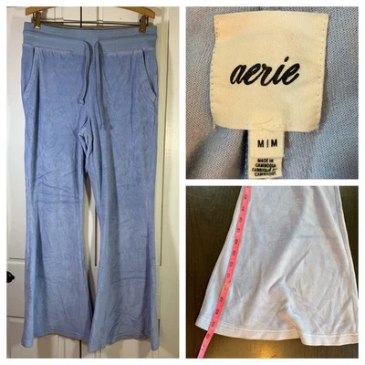 Aerie Womens Medium Velour Flare Leg Drawstring Waist Lounge Pants Blue - Image 1 of 4