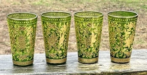 4er Set Moser grüne Kunstglasgläser - erhabene Emaille & schwere Goldvergoldung - Bild 1 von 8