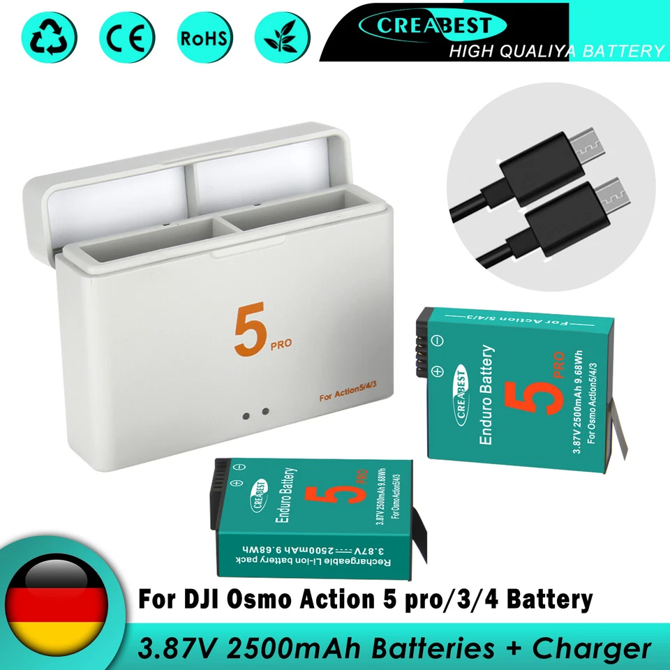 CREABEST 2x 2500mAh Batería + Cargador LED Para DJI Osmo Action 5 Pro Osmo Action 4 Action 3