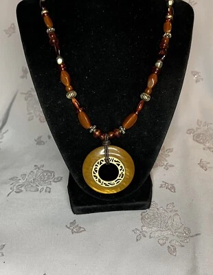 Boho Faux Amber Beaded Pendant Necklace Signed Coldwater Creek - Image 1 of 4