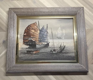 C. Chan signed original oil painting board 11x13" Asian Fishing Boat Framed Art - Picture 1 of 12