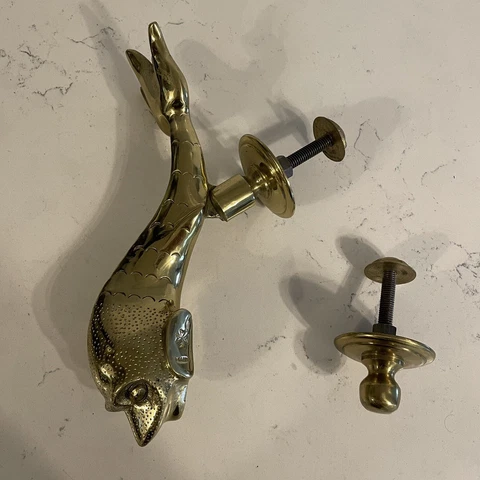 VTG Malta Ornate Solid Brass Dolphin Fish Sea Serpent Door Knocker W/base MCM Cover