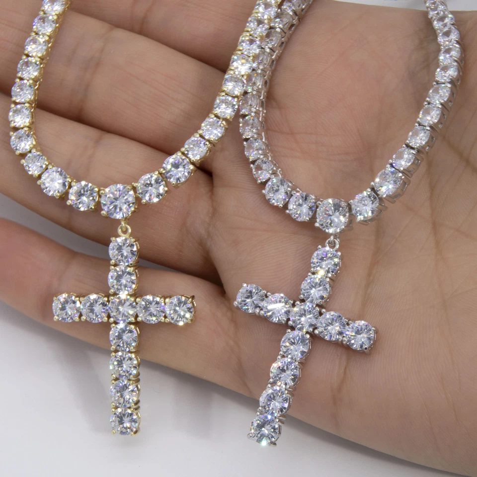 Graduated Tennis Chain Necklace with Dangle Cross Sterling Silver 925 - Image 1 of 1