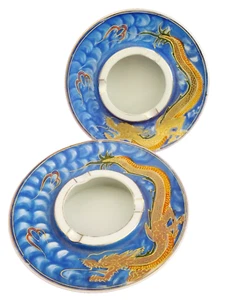 Ceniceros Dragonware Dainan Japonés Azul Dorado Borde Pintado a Mano De Colección JUEGO DE 2 - Imagen 1 de 12
