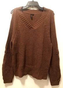Moon & Madison Women's Brown Long Sleeve V-Neck Knitted Pullover Sweater Size L - Picture 1 of 11