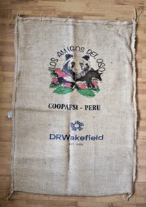 Saco de café de arpillera vacío usado 69kg de Perú con diseño de motivo de oso, bueno. - Imagen 1 de 2