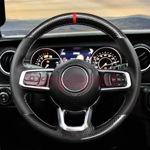 Carbon Fiber&Leather Steering Wheel Hand-stitch on Wrap Cover For Jeep Wrangler - Picture 1 of 7
