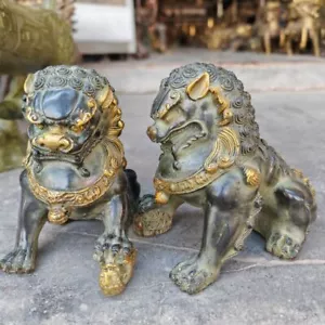 Antique old Bronze Lions Door Fengshui Guardion Fu Foo Dogs Lion Statue Pair - Picture 1 of 5