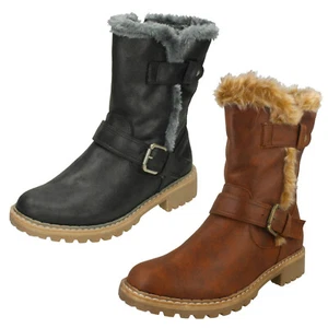 "Sale" Ladies Down to Earth F5R0866 Mid Calf Boot Black or Cognac With Faux Fur - Picture 1 of 19