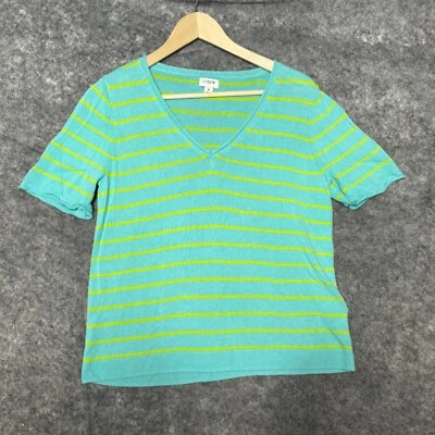Top J Crew para mujer mediano azul verdoso verde rayas mezcla de lino cuello en V playa viaje Foto 1 de 4