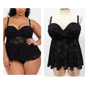 SOLO SUPERIOR Torrid 00 Sexy Negro Transparente Encaje Con Aros Acolchado Natación Tankini Top Nuevo - Imagen 1 de 5