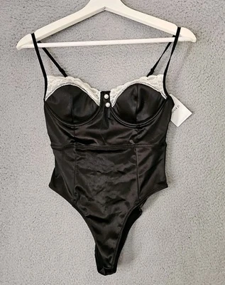 NEW NWT Forever 21 Black & White Lace Maid Teddy Lingerie Bodysuit Size M  - Image 1 of 4