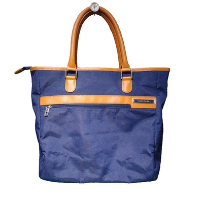 Samsonite Brown  Leather & Navy Canvas Travel Tote Bag Purse Classic Business - Image 1 of 4