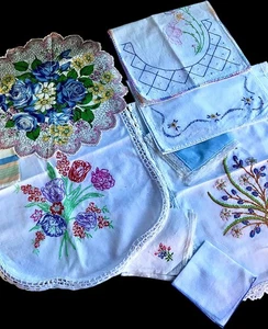 Vintage Embroidered Doilies Cotton Linen Bundle Lot of 8 Cottagecore - Picture 1 of 7