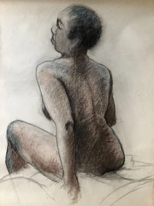 Simone Barbié — nu assis de dos — fusain et pastel sur Ingres — 64x48 cm. timbre - Imagen 1 de 4