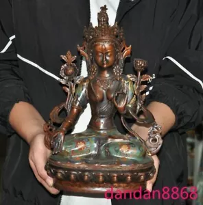 12.8" Tibet Buddhism bronze cloisonne White tara Kwan-Yin nymph Buddha statue - Picture 1 of 12
