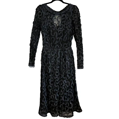 VICTOR COSTA Sz 6 Black Dress Boned Bodice Ribbon Embroidered Mesh Goth Formal - Image 1 of 4