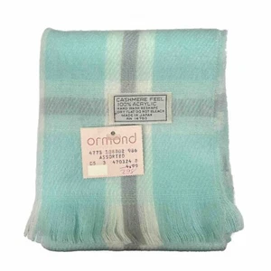 Vintage neu mit Etikett "Cashmere Feel" 100 % Acryl Schal türkis kariert Fransen Ormond Japan - Bild 1 von 5