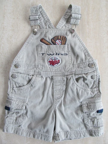 MLB MINNESOTA TWINS BASEBALL Baby Boy Sz 18M Tan Denim Bib Overalls Shorts EUC! Cover