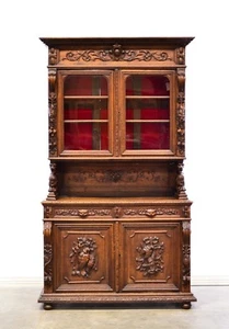 French Antique Carved Oak Hunt Buffet Cabinet - Picture 1 of 9