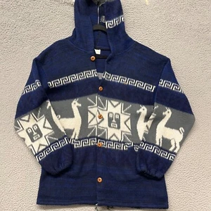 Suéter Inca Ecuador Para Hombres L Azul Lana Alpaca Cárdigan con Capucha Navajo Suroeste - Imagen 1 de 8