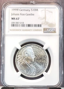 1999 GERMANY SILVER 10 MARK JOHANN VON GOETHE NGC MS 67 BRIGHT GEM BU TOP POP - Picture 1 of 3