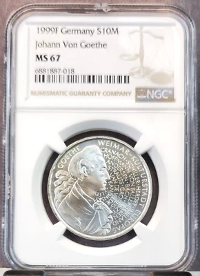 1999 GERMANY SILVER 10 MARK JOHANN VON GOETHE NGC MS 67 BRIGHT GEM BU TOP POP - Image 1 of 3