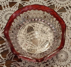 Indiana Glass Cranberry Flash Diamond Point Fluted Edge Dessert Dish ~ Perfect - Picture 1 of 3