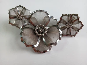 1950s-1960s BED Signed Silver-Tone Mesh Floral Brooch & Clip-On Earring Set - Picture 1 of 14
