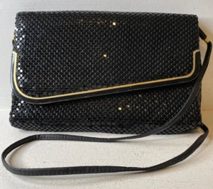 Vintage Black Chainmail Mesh Purse Shoulder Bag Gold Hardware Leather Strap - Picture 1 of 3