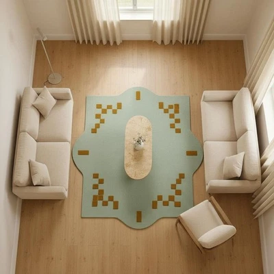 Hand Tufted Wool Rug: Geometric, Sage Green & Mustard Yellow - Image 1 of 4