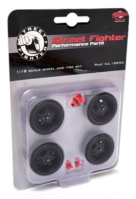 GMP 1/18 Drag Wheel & Tyre Set Streetfighter Satin Black Model Cars Diorama Set - Image 1 of 3