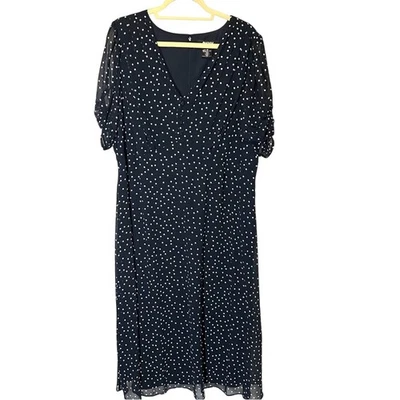 DKNY 18W Navy Blue Short Sleeve Polka Dot V-neck Chiffon Midi Dress Church Work - Image 1 of 4