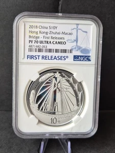 NGC PF70 2018 Cina 10YUAN Hong Kong-Zhuhai-Macao Ponte Apertura Moneta Argento 30g - Foto 1 di 2