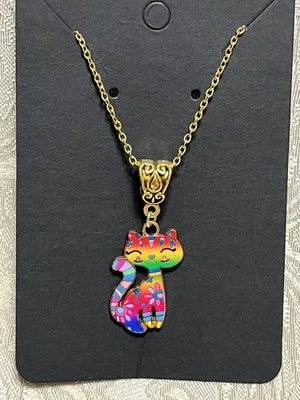 Colorful Cat Whimsical Gold Necklace Bohemian Novelty Fun Fashion Necklace 18” - Image 1 of 2