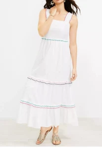 NWT LOFT Rainbow Ruffle Strappy Tiered MAXI DRESS Medium Lined White Cotton - Picture 1 of 9