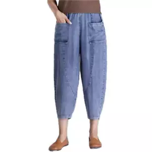 Womens Jeans High Waist Harem Pants Loose Fit Nine Point Length Trousers and Den - Picture 1 of 7