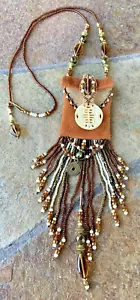 Deerskin Leather Bead Fringed Pouch Bag Necklace - Picture 1 of 15