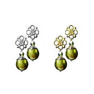 Earrings olive green petite drop glass pearl, clip on or pierced fittings - Picture 1 of 4