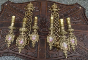 PAIR vintage brass limoges porcelain medaillons wall lights sconces - Picture 1 of 9