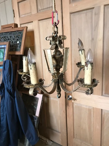 AN five arm iron and steel chandelier as found 19 W 17 H Cover