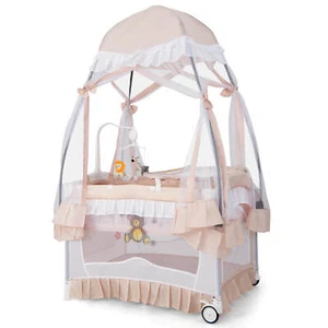 Portable Baby Playpen Crib Cradle Bassinet Changing Pad Mosquito Net Toys w Bag - Picture 1 of 10