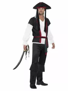Aye Aye Pirate Captain Top Trousers Tie & Hat with Wig Men's Fancy Dress Costume - Picture 1 of 4