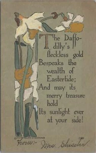 Postal de Pascua narcisos y poema 1910 - Imagen 1 de 2