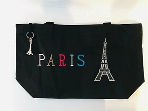 Schwarze Beuteltasche/Strandtasche mit Pariser Motiv, gestickten Akzenten und kostenlosem Schlüsselanhänger - Bild 1 von 5