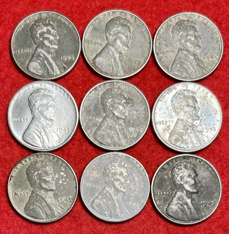 (9) 1943 PDS Lincoln Steel Cent Penny Coin Lot - No Culls & No Significant Rust Cover