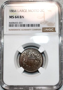 NGC MS-64 BN 1864 Two Cent Piece, Superbly Struck & Highly Lustrous! - Picture 1 of 2
