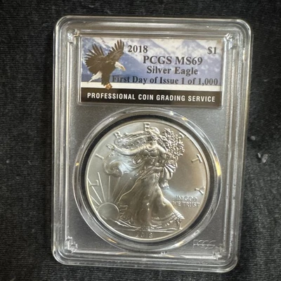 2018 American Silver Eagle $1 PCGS MS 69 First Day of Issue 1 of 1,000 Eagle - Image 1 of 4