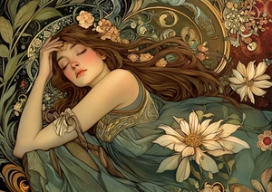 Leinwand Jugendstil verträumtes Mädchen im Blumenmotiv Wandbild Poster Druck - Bild 1 von 22