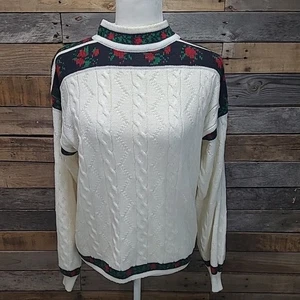 1970's Vintage Cable Knit Sweater Small Cheryl Teigs Cream Rose Floral Classic - Picture 1 of 9